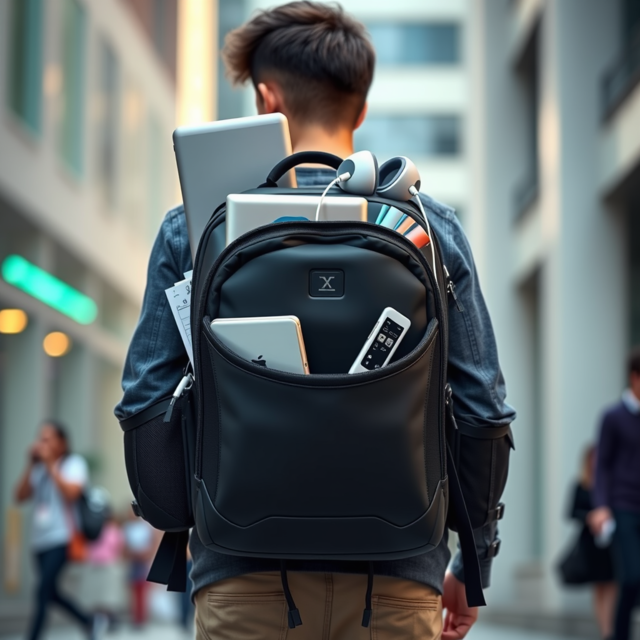 Smart student backpack with multiple gadgets like a laptop, charging cable, and notebook.