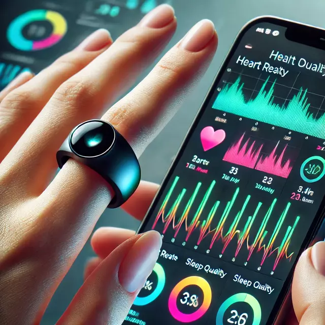 Close-up of a smart ring tracking health metrics on a smartphone app.