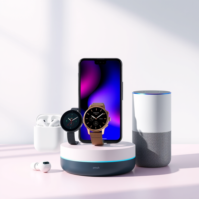 AirPods Pro, Samsung Galaxy Watch, and Amazon Echo Show displayed together.