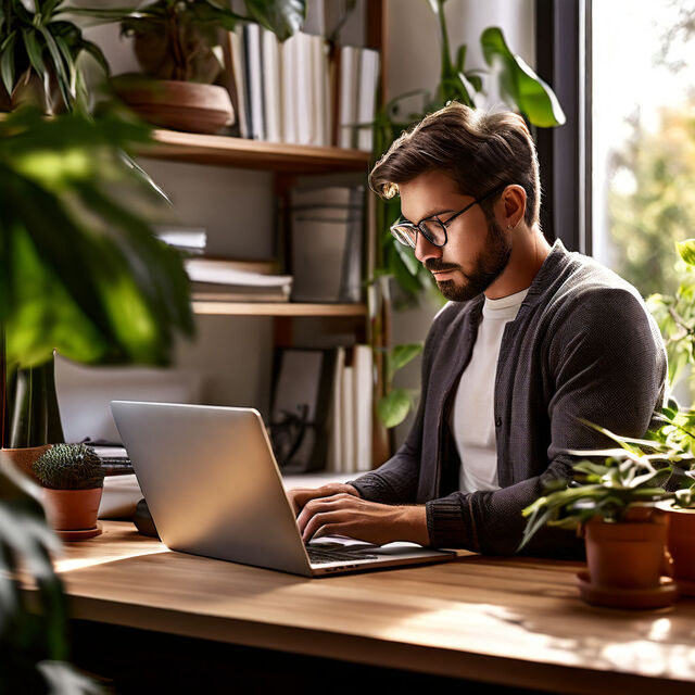 A person working remotely on a laptop, analyzing keywords for resume optimization, with a modern home office in the background.