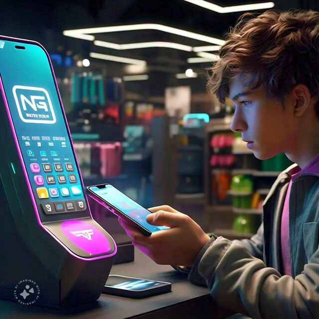 Illustration of a person using a mobile phone to make a contactless payment at a store in 2024.