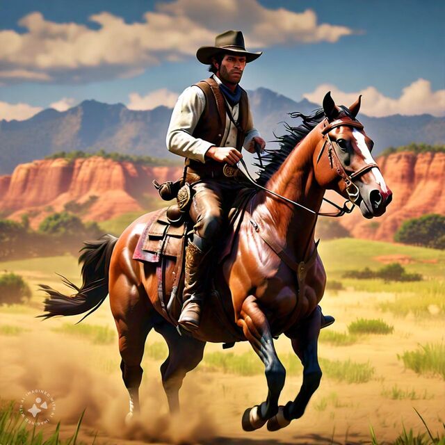 John Marston riding a horse through a detailed, vibrant 4K Wild West landscape.