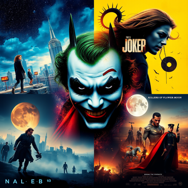 Collage of top new movie releases in 2024 featuring “Megalopolis,” “Joker: Folie à Deux,” and “The Marvels.