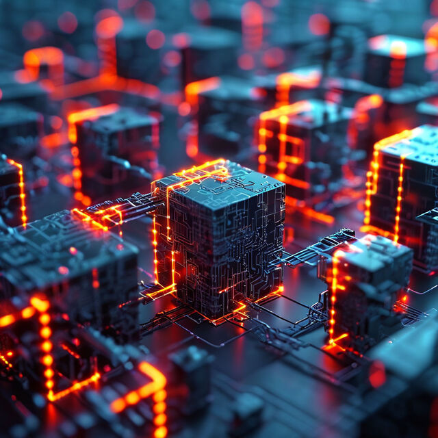 Blockchain architecture visual showing linked blocks in a digital ledger.