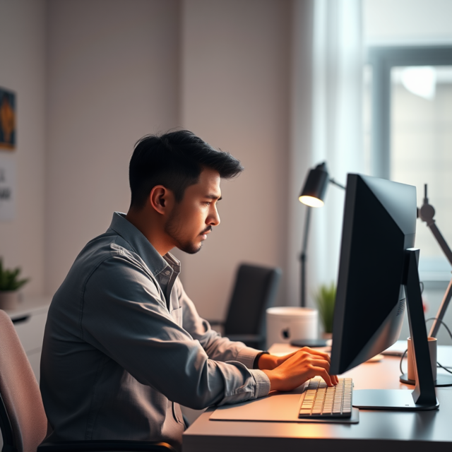 A frustrated person staring at a slow-loading computer screen.