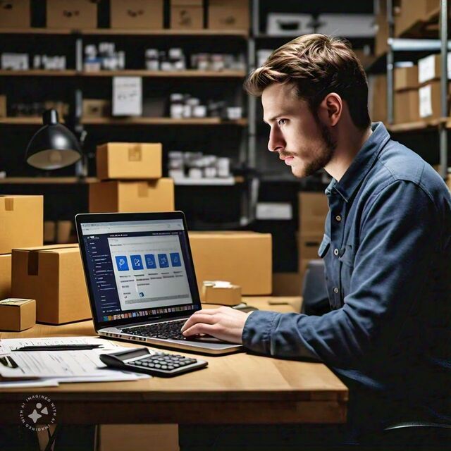 An entrepreneur setting up an online store on a laptop, surrounded by shipping boxes and products.