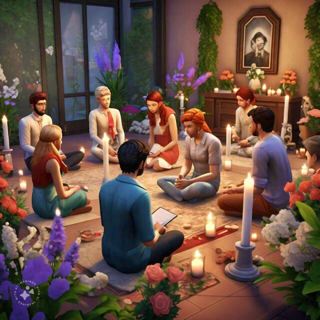 Sims characters engaging in a personalized grieving ritual.