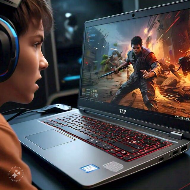 Gamer playing on a high-end gaming laptop with a vivid screen